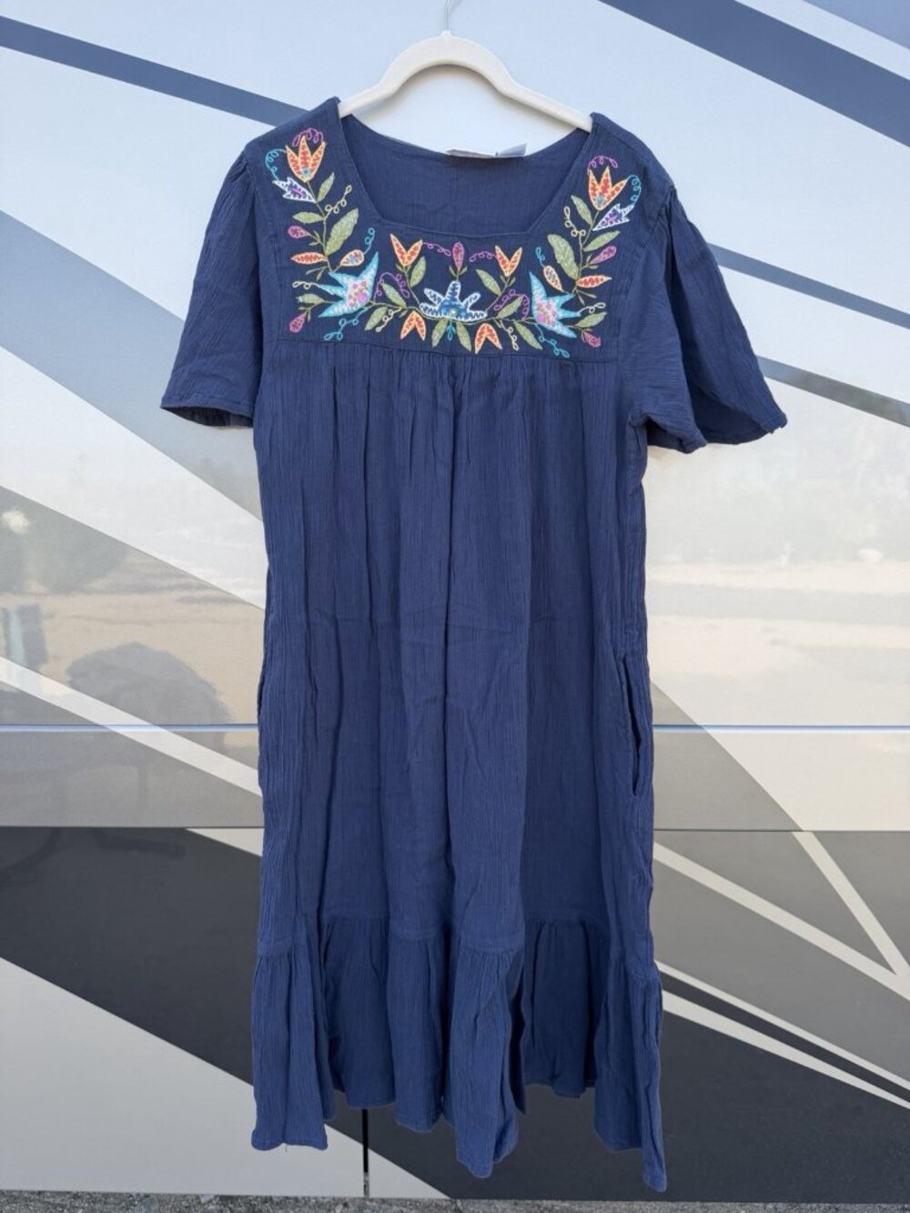Vintage 80s National blue gauzy floral boho embroidered midi ruffle dress L